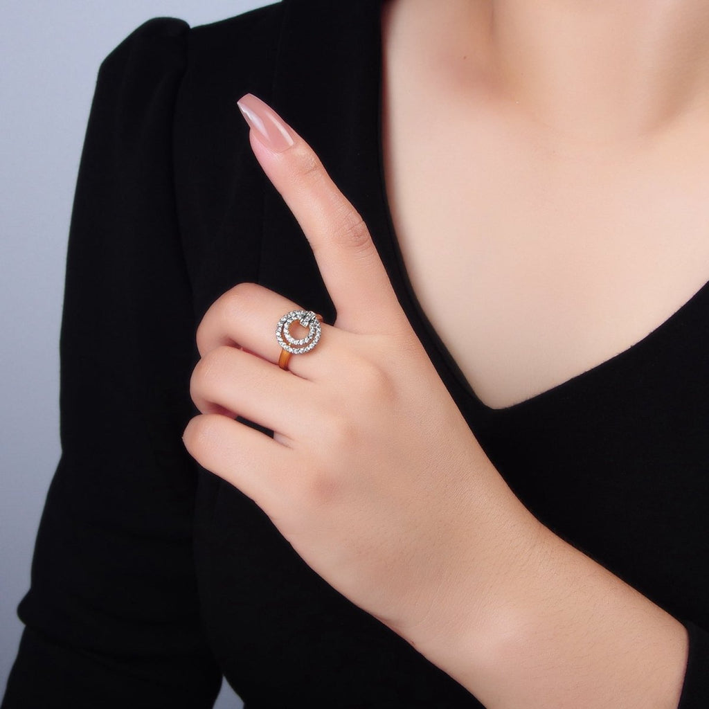 24K Gold plated Circular Buckle Open Band Mixed Metal Ring | O1427 - DLUXCA