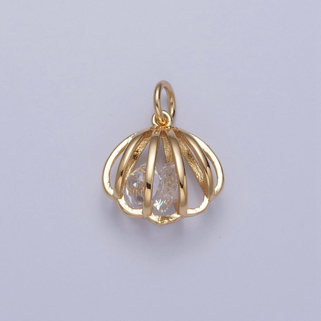 24K Gold plated Clam Seashell Charm with Cubic Zirconia Inside | X-090 - DLUXCA