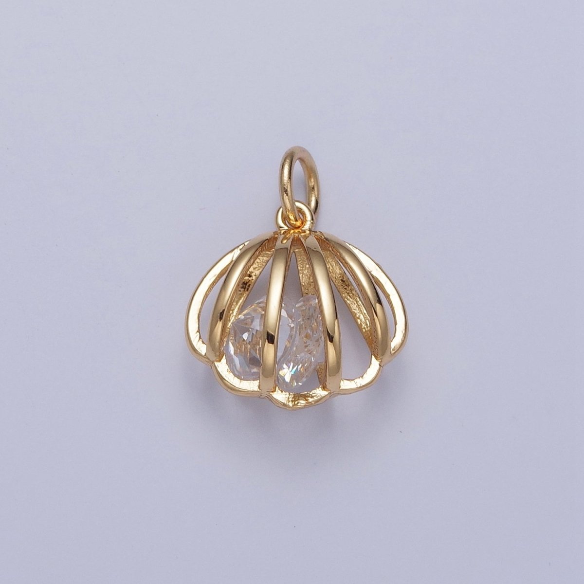 24K Gold plated Clam Seashell Charm with Cubic Zirconia Inside | X-090 - DLUXCA