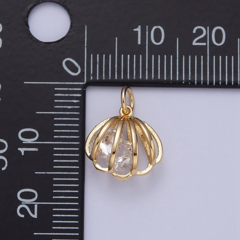 24K Gold plated Clam Seashell Charm with Cubic Zirconia Inside | X-090 - DLUXCA