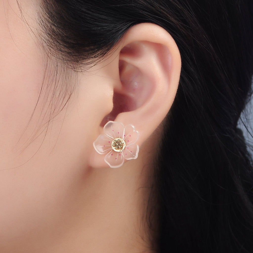 24K Gold plated Clear Acrylic Pink Enamel Flower Stud Earrings | P100 - DLUXCA