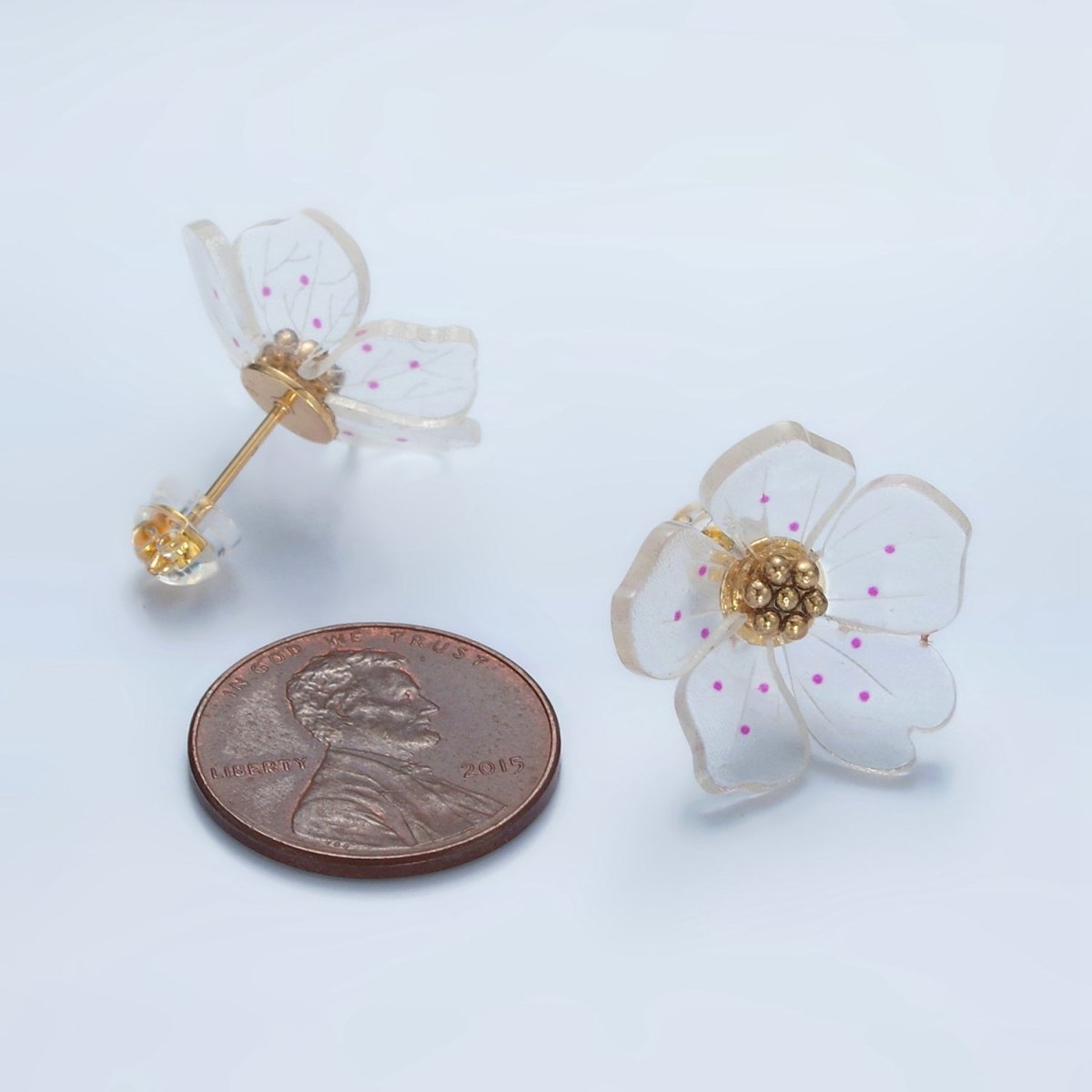 24K Gold plated Clear Acrylic Pink Enamel Flower Stud Earrings | P100 - DLUXCA