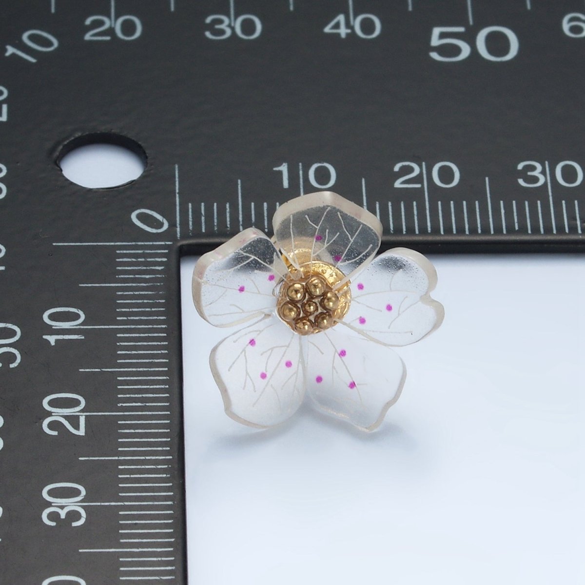24K Gold plated Clear Acrylic Pink Enamel Flower Stud Earrings | P100 - DLUXCA