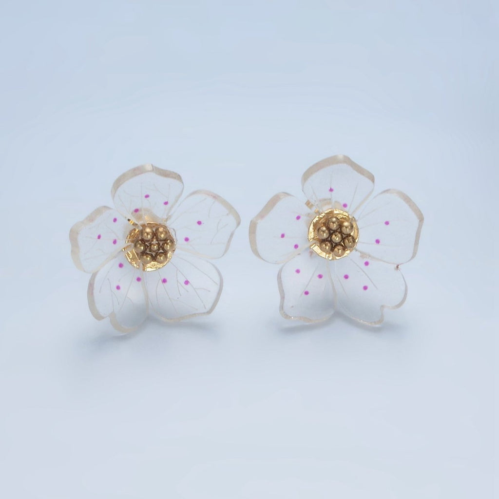 24K Gold plated Clear Acrylic Pink Enamel Flower Stud Earrings | P100 - DLUXCA