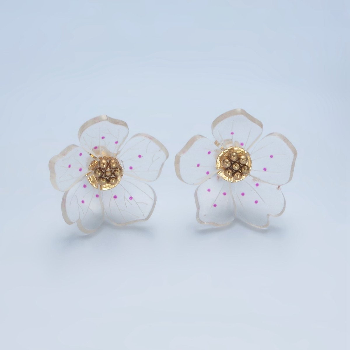 24K Gold plated Clear Acrylic Pink Enamel Flower Stud Earrings | P100 - DLUXCA
