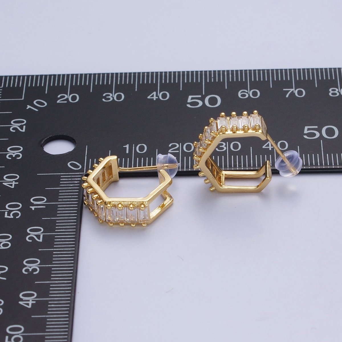24K Gold plated Clear Baguette Cubic Zirconia Hexagonal Open C Shaped Double Band Stud Earrings T-132 - DLUXCA