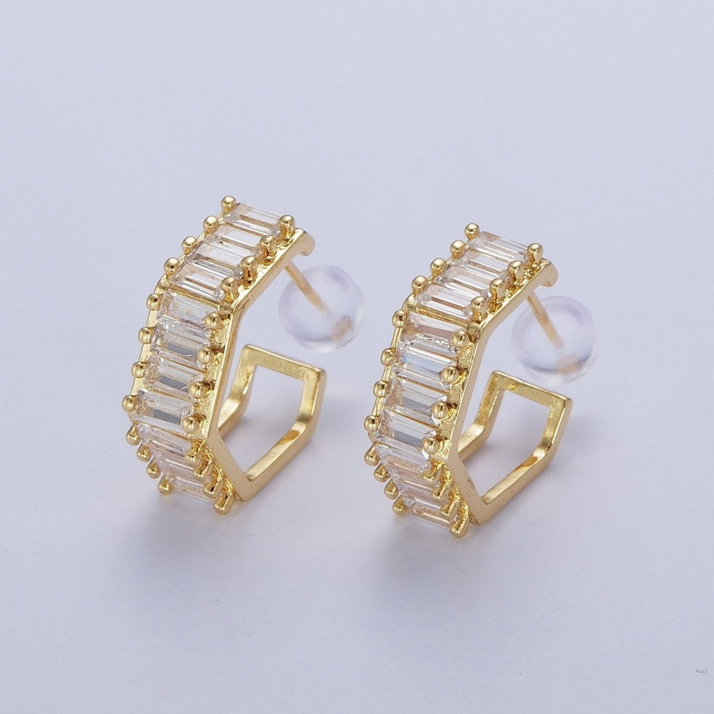 24K Gold plated Clear Baguette Cubic Zirconia Hexagonal Open C Shaped Double Band Stud Earrings T-132 - DLUXCA