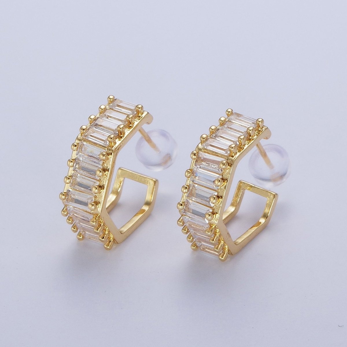 24K Gold plated Clear Baguette Cubic Zirconia Hexagonal Open C Shaped Double Band Stud Earrings T-132 - DLUXCA