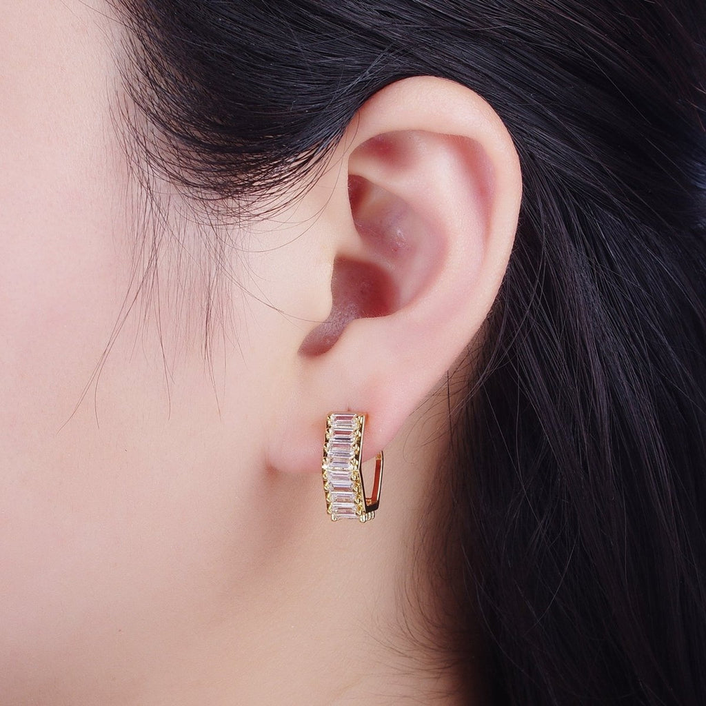 24K Gold plated Clear Baguette Cubic Zirconia Hexagonal Open C Shaped Double Band Stud Earrings T-132 - DLUXCA