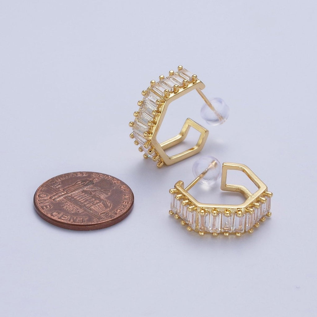 24K Gold plated Clear Baguette Cubic Zirconia Hexagonal Open C Shaped Double Band Stud Earrings T-132 - DLUXCA