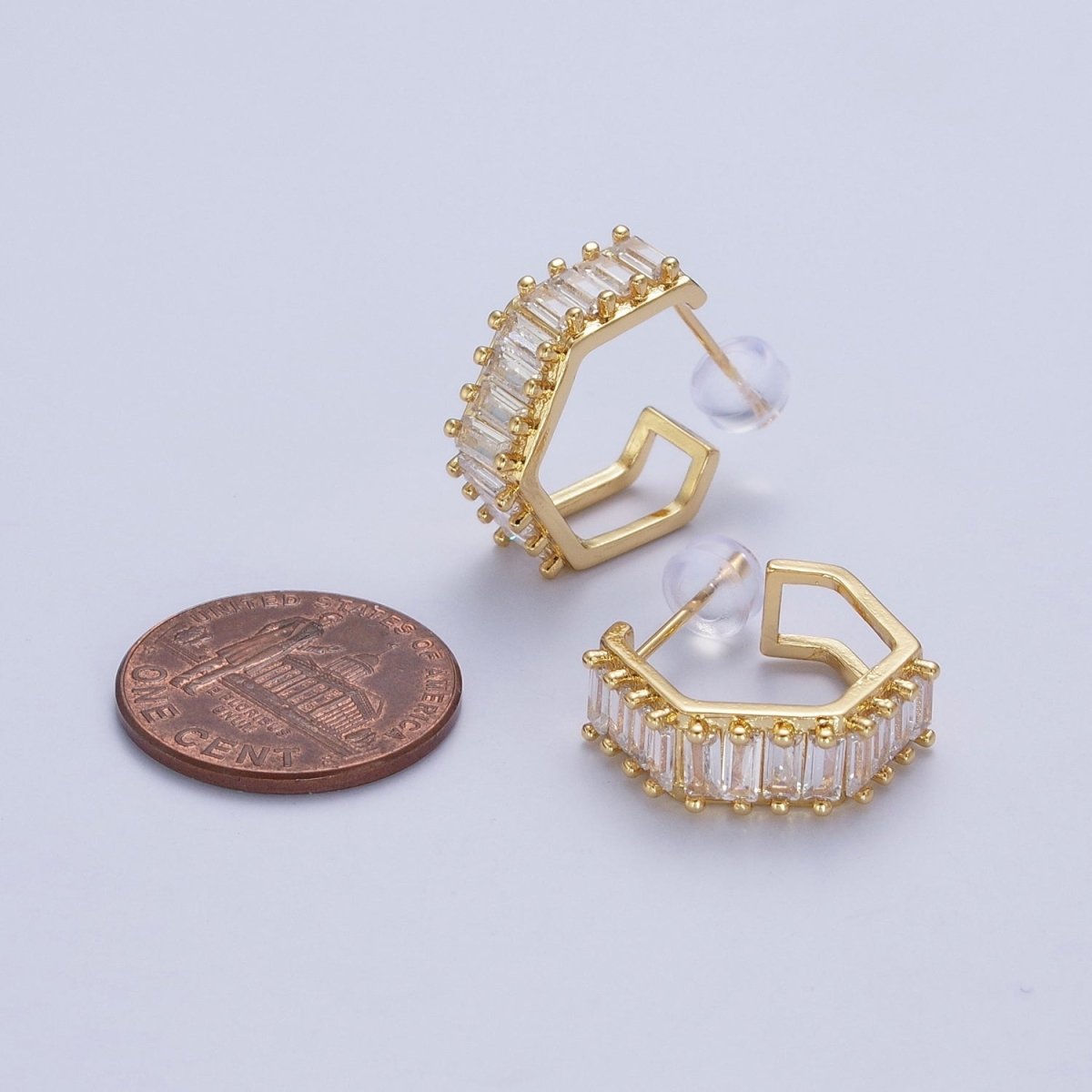 24K Gold plated Clear Baguette Cubic Zirconia Hexagonal Open C Shaped Double Band Stud Earrings T-132 - DLUXCA