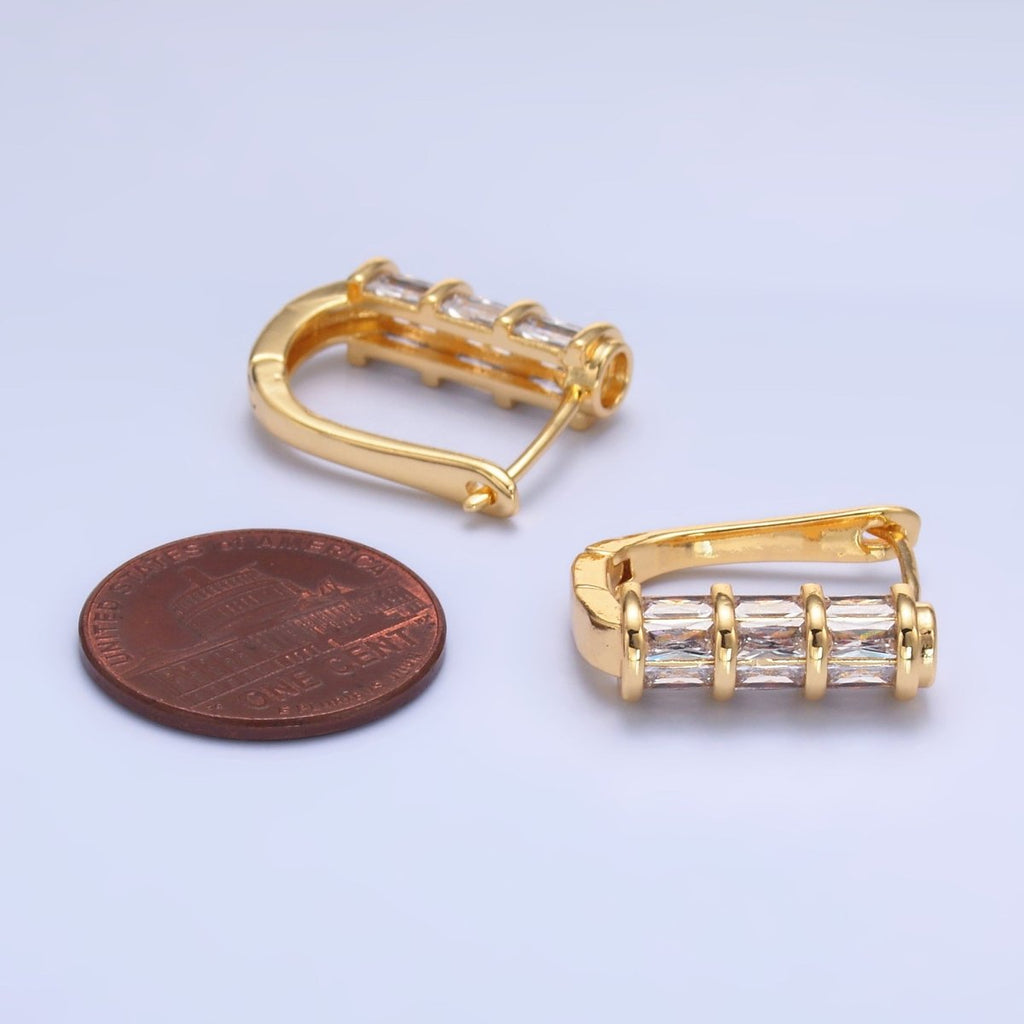 24K Gold plated Clear Baguette CZ English Lock Hoop Earrings | AB1442 - DLUXCA