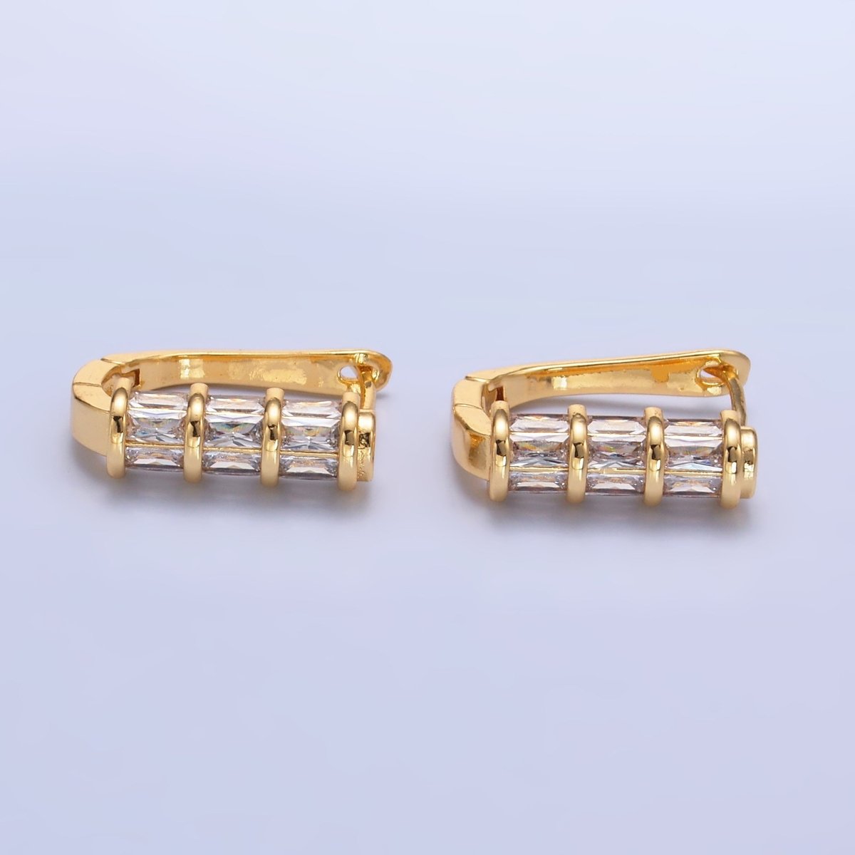 24K Gold plated Clear Baguette CZ English Lock Hoop Earrings | AB1442 - DLUXCA