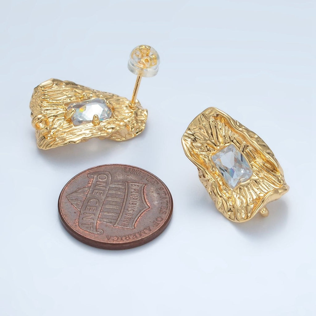 24K Gold plated Clear Baguette CZ Hammered Foil Leaf Open Loop Drop Stud Earring Findings | Z886 - DLUXCA
