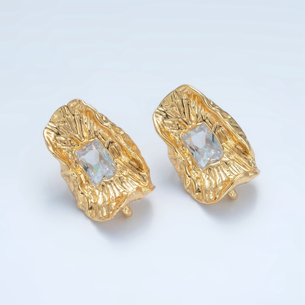 24K Gold plated Clear Baguette CZ Hammered Foil Leaf Open Loop Drop Stud Earring Findings | Z886 - DLUXCA