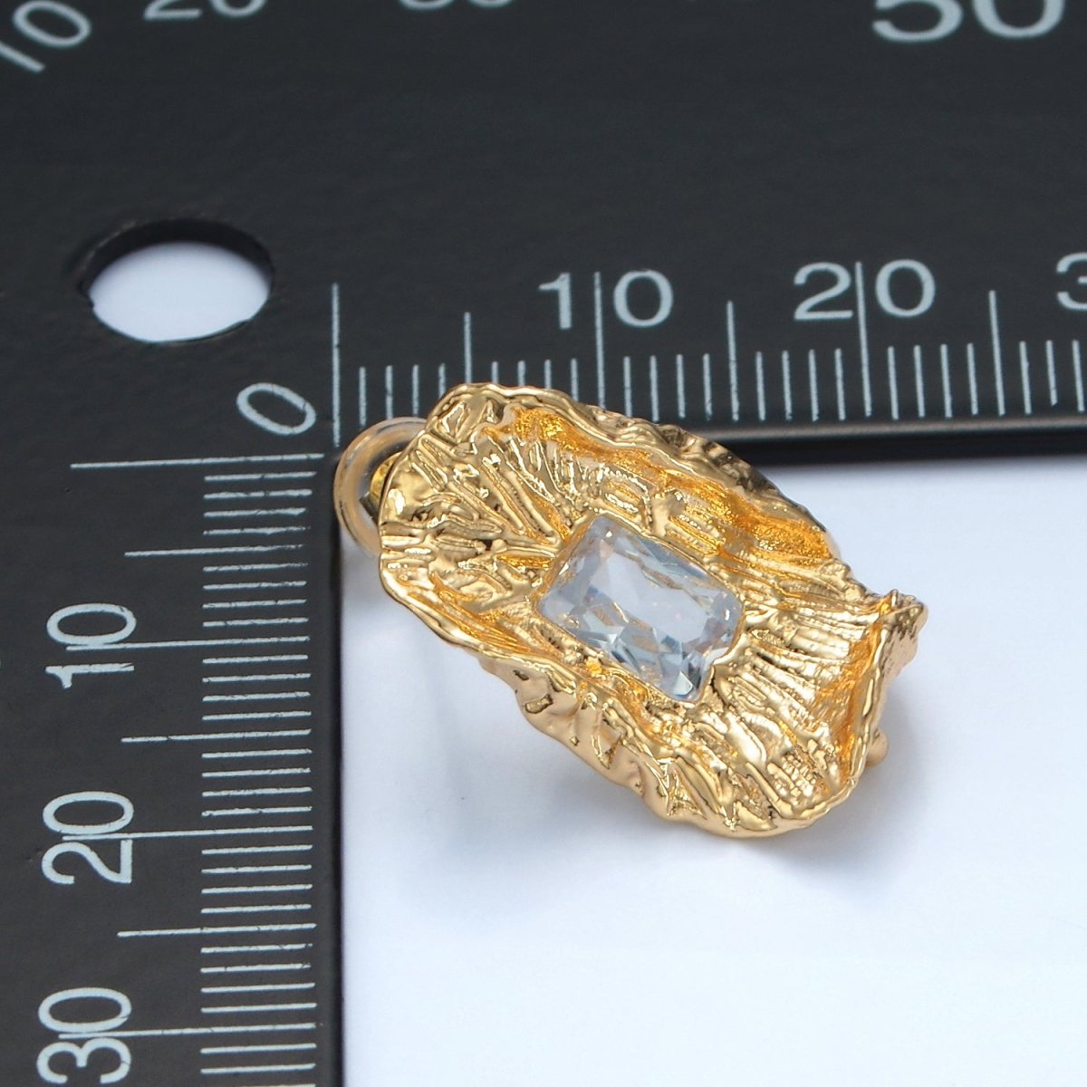 24K Gold plated Clear Baguette CZ Hammered Foil Leaf Open Loop Drop Stud Earring Findings | Z886 - DLUXCA