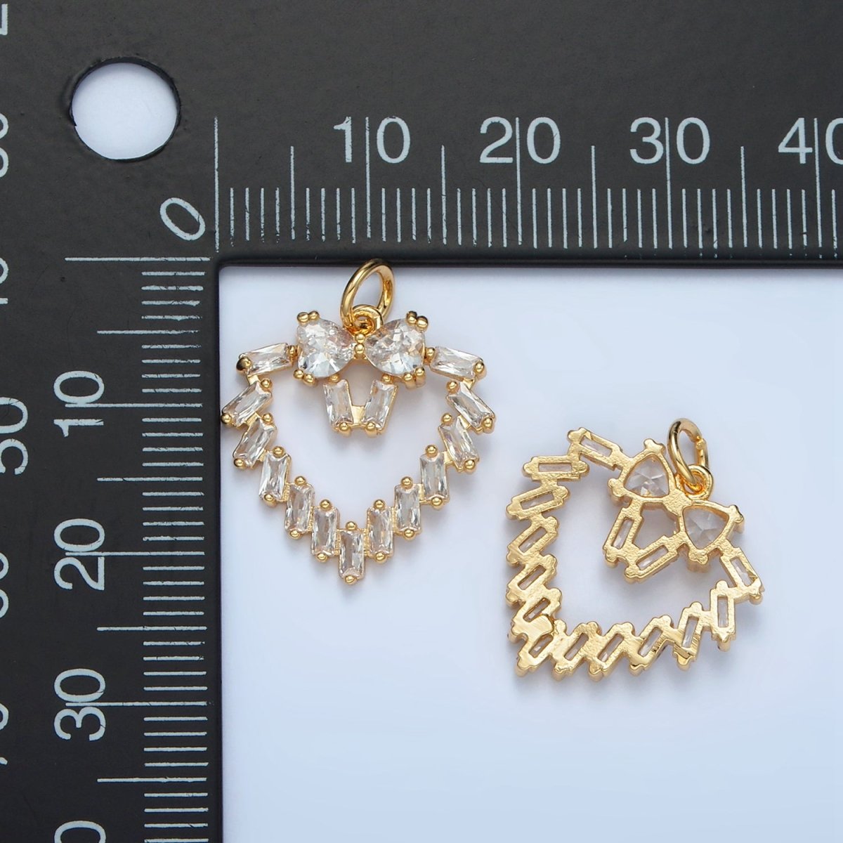 24K Gold plated Clear Baguette CZ Open Heart Bezel Charm | E736 - DLUXCA