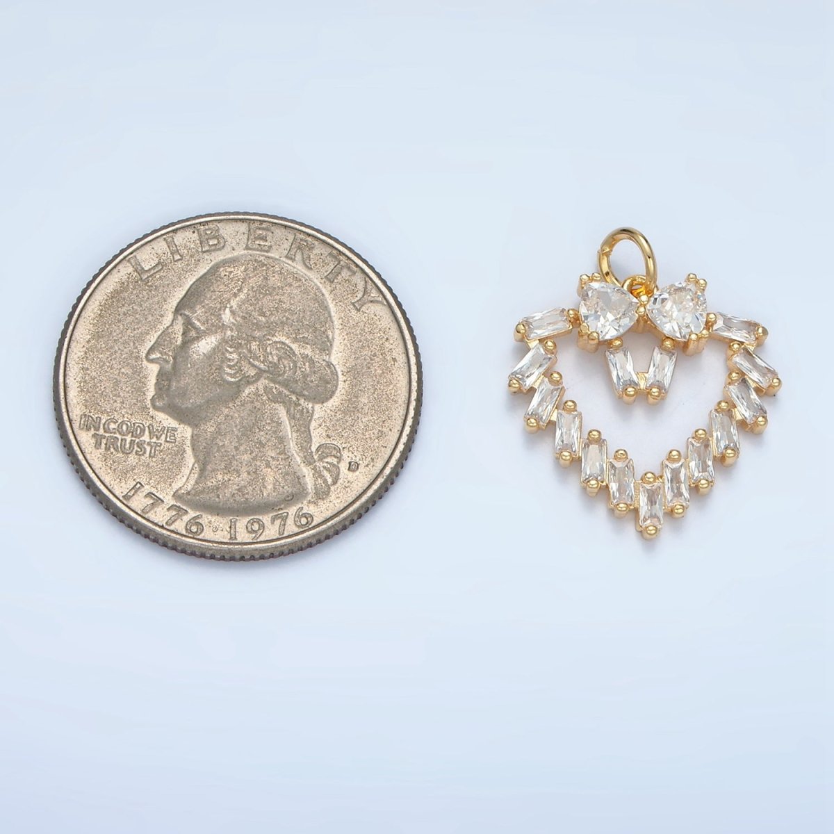24K Gold plated Clear Baguette CZ Open Heart Bezel Charm | E736 - DLUXCA