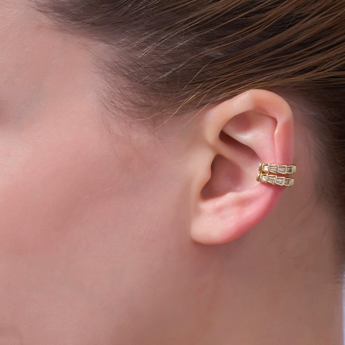 24K Gold plated Clear Baguette CZ Scale Ear Cuff Earrings | AI176 