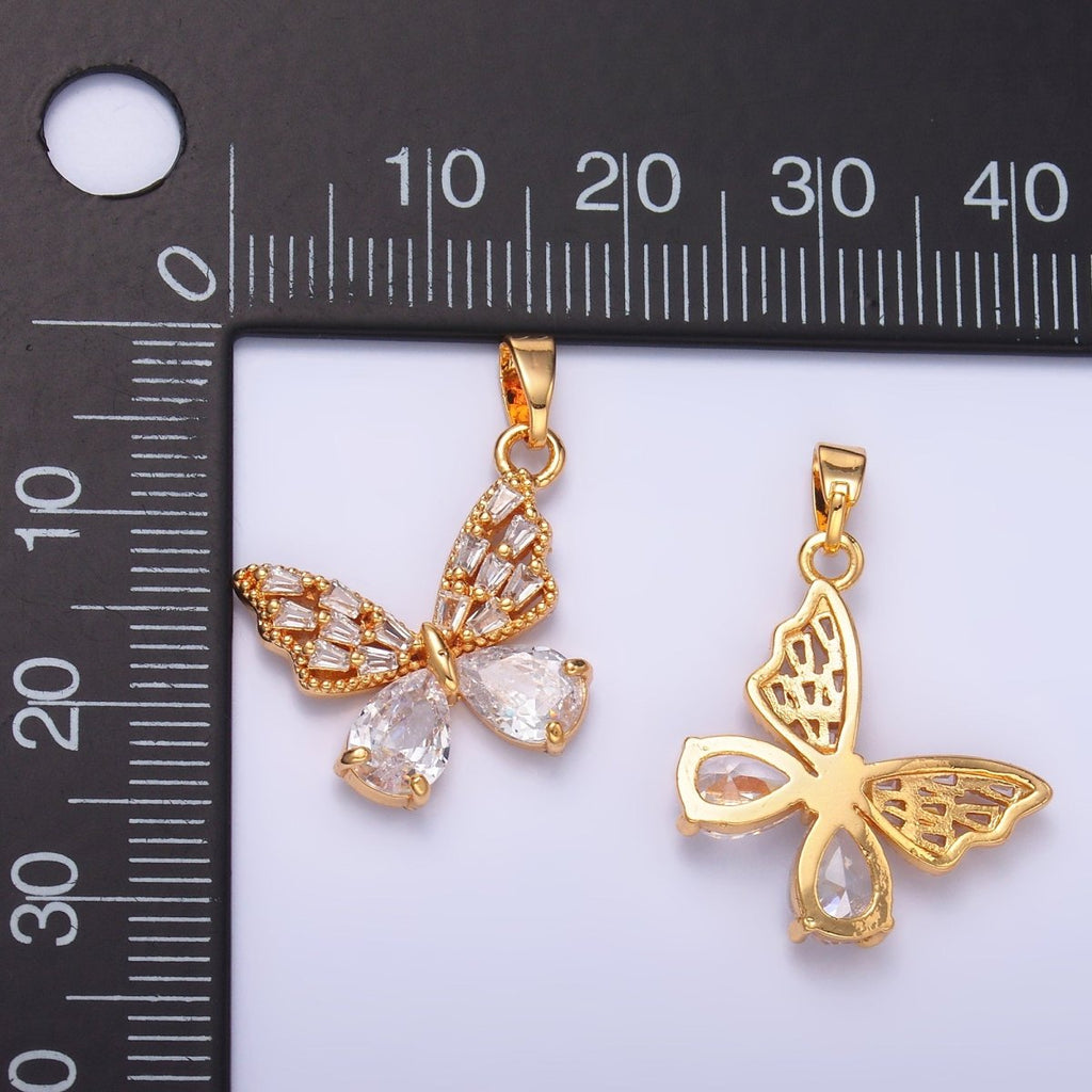 24K Gold plated Clear Baguette Teardrop CZ Butterfly Mariposa Pendant | AA1434 - DLUXCA