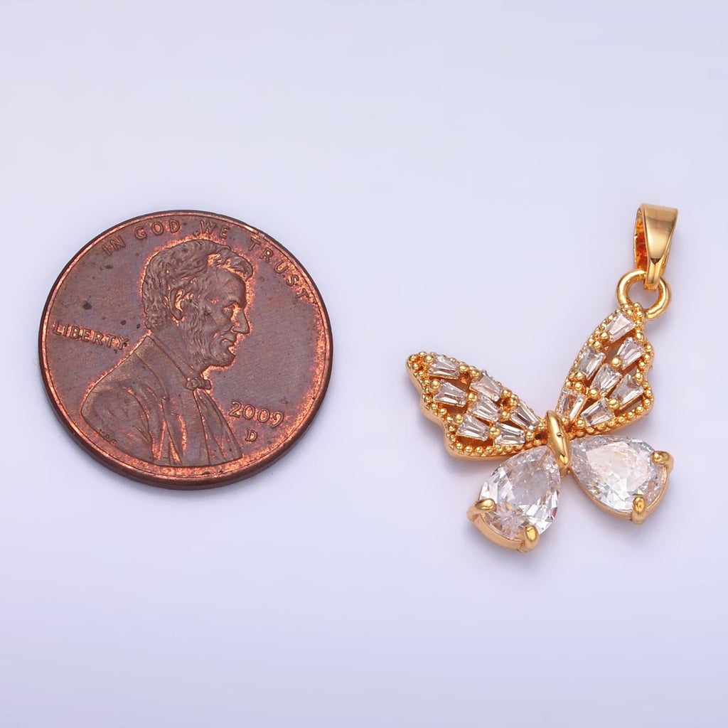 24K Gold plated Clear Baguette Teardrop CZ Butterfly Mariposa Pendant | AA1434 - DLUXCA