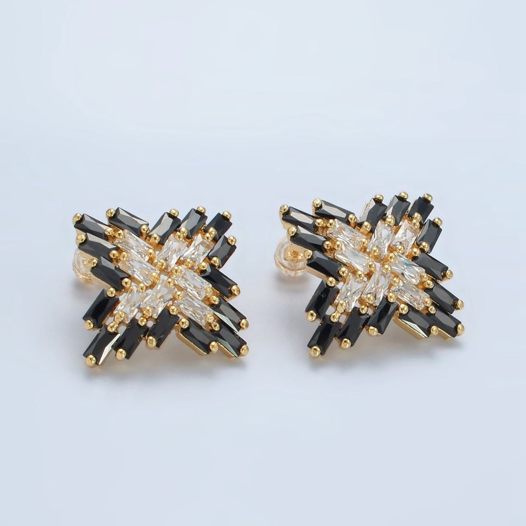 24K Gold plated Clear Black Baguette CZ Celestial Star Stud Earrings | Q308 - DLUXCA