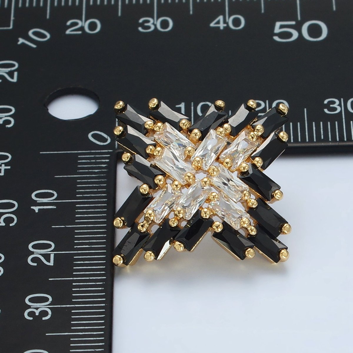 24K Gold plated Clear Black Baguette CZ Celestial Star Stud Earrings | Q308 - DLUXCA