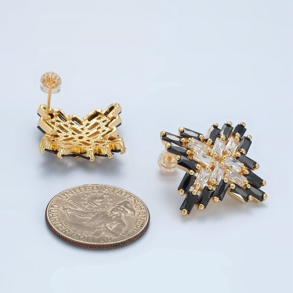 24K Gold plated Clear Black Baguette CZ Celestial Star Stud Earrings | Q308 - DLUXCA
