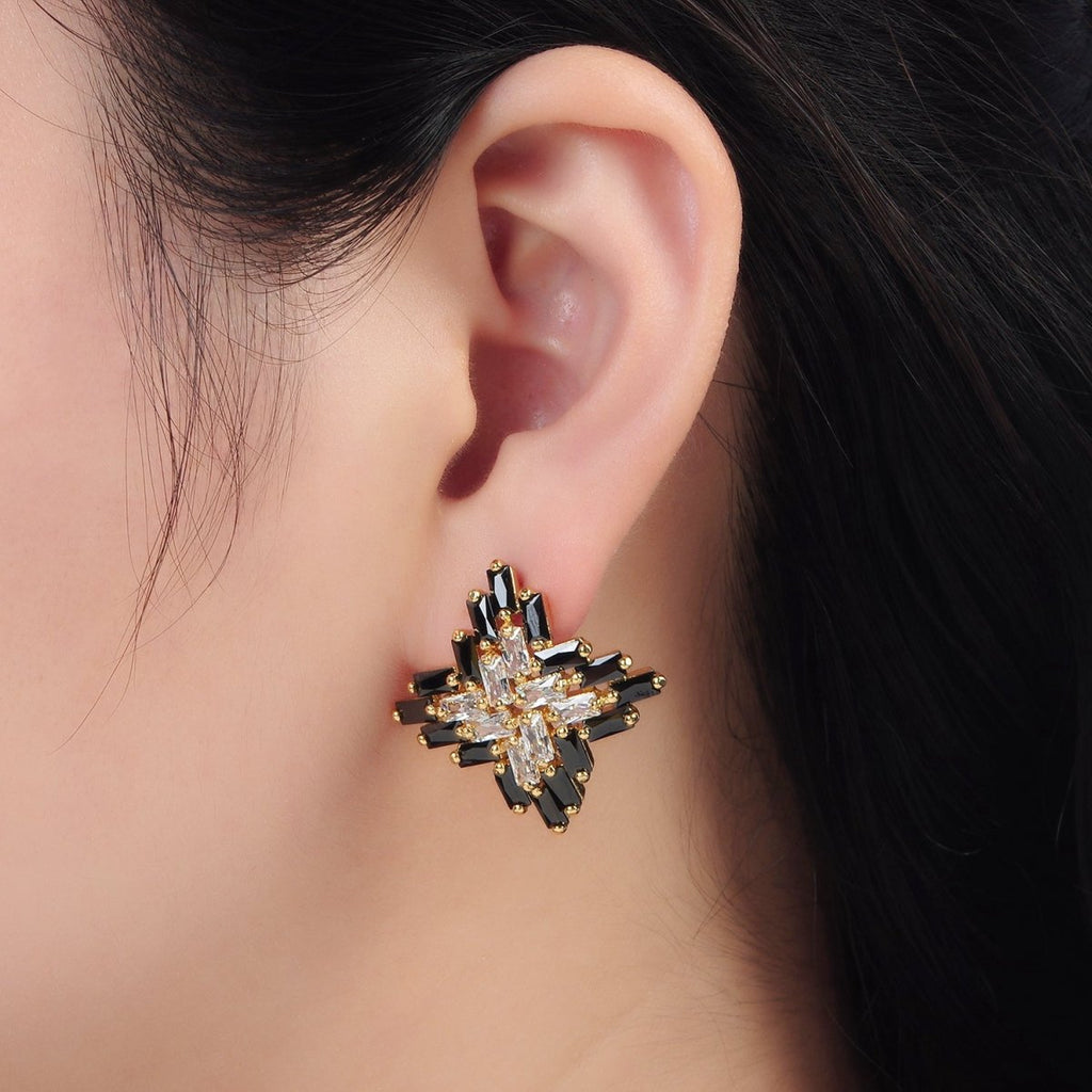 24K Gold plated Clear Black Baguette CZ Celestial Star Stud Earrings | Q308 - DLUXCA