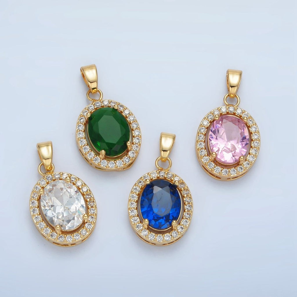 24K Gold plated Clear, Blue, Green, Pink CZ Micro Paved Oval Pendant | AA880 AA881