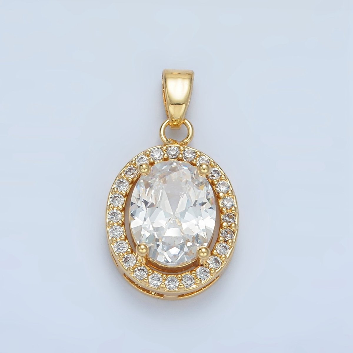 24K Gold plated Clear, Blue, Green, Pink CZ Micro Paved Oval Pendant | AA880 AA881
