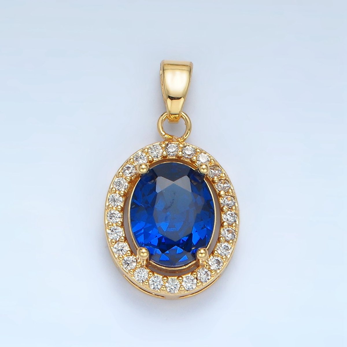 24K Gold plated Clear, Blue, Green, Pink CZ Micro Paved Oval Pendant | AA880 AA881