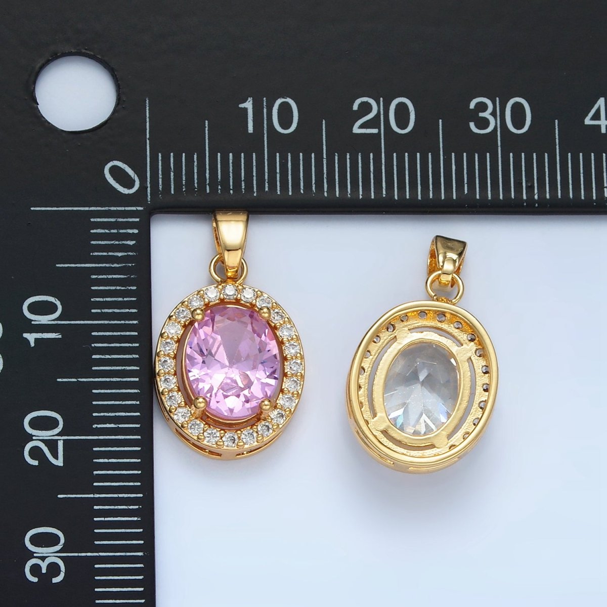 24K Gold plated Clear, Blue, Green, Pink CZ Micro Paved Oval Pendant | AA880 AA881