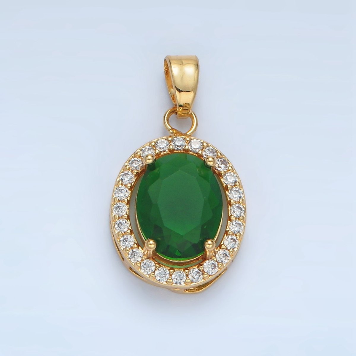 24K Gold plated Clear, Blue, Green, Pink CZ Micro Paved Oval Pendant | AA880 AA881