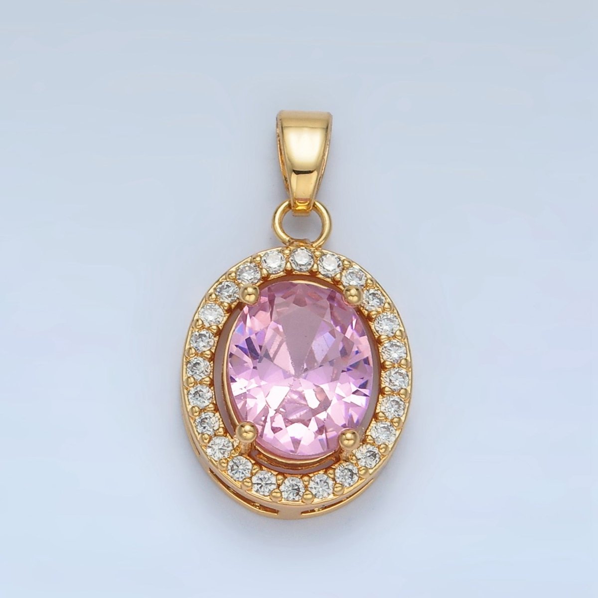 24K Gold plated Clear, Blue, Green, Pink CZ Micro Paved Oval Pendant | AA880 AA881