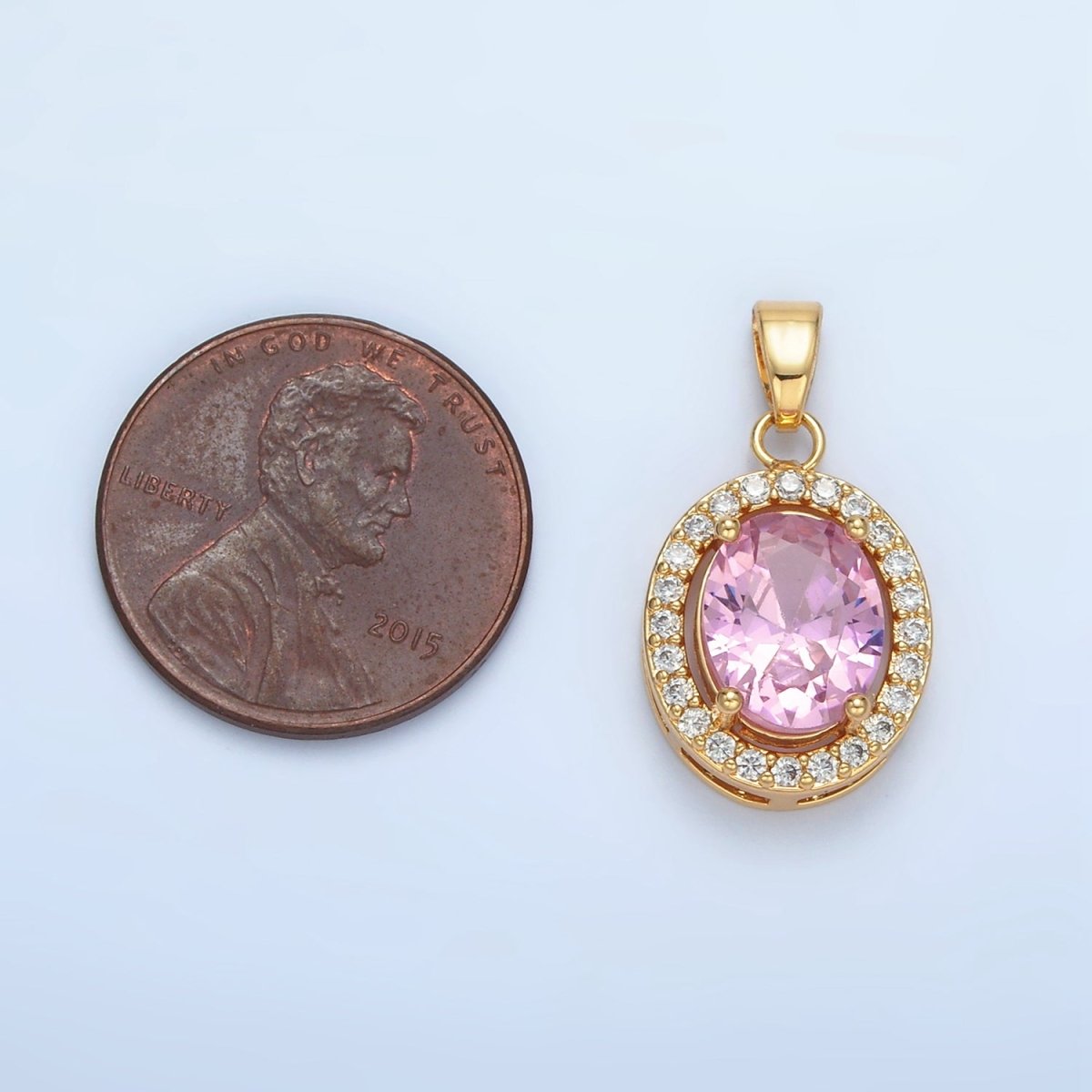 24K Gold plated Clear, Blue, Green, Pink CZ Micro Paved Oval Pendant | AA880 AA881