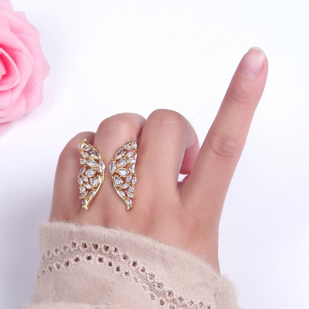 24K Gold plated Clear Cubic Zirconia Grand Gold Butterfly Mariposa Adjustable Statement Ring O-793 - DLUXCA