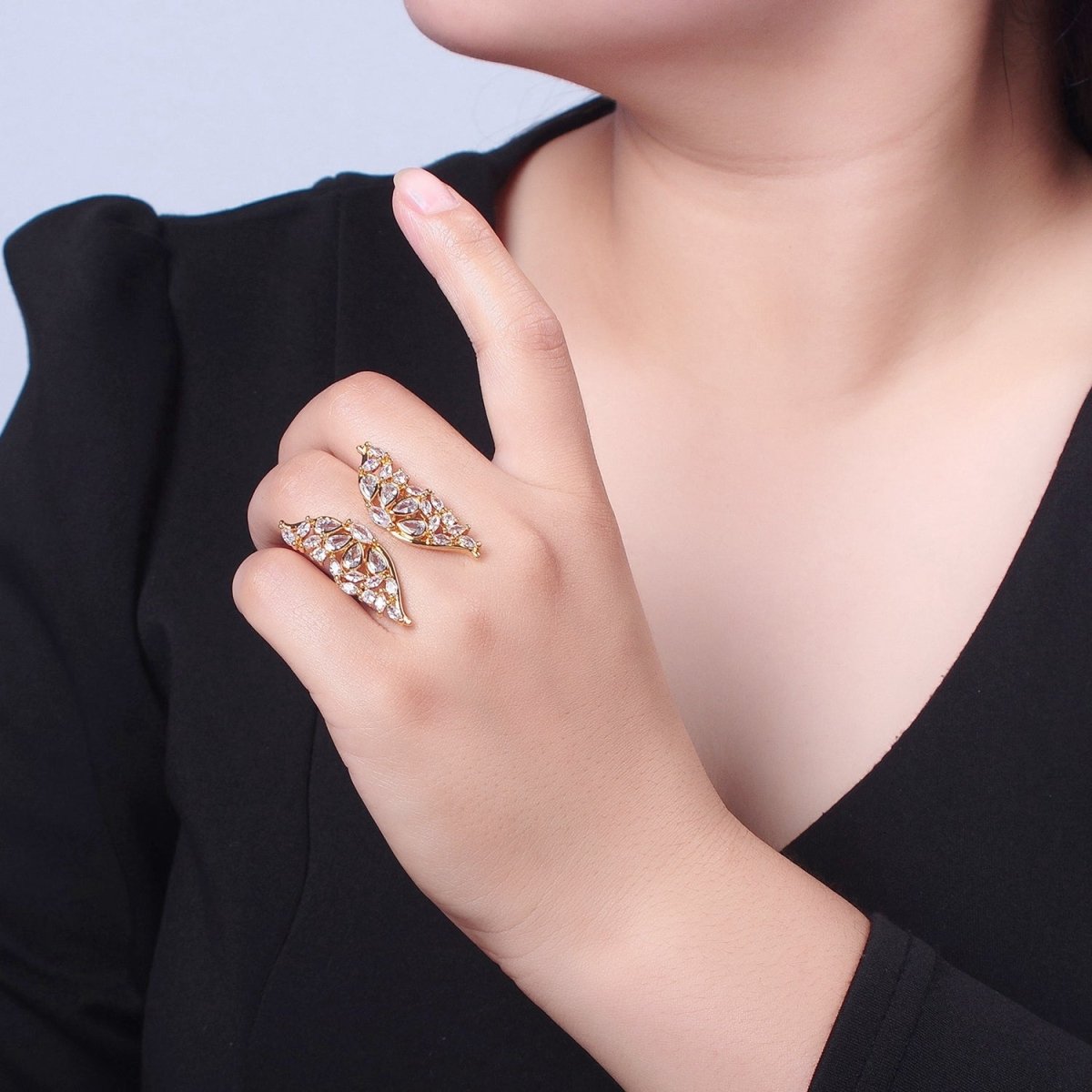 24K Gold plated Clear Cubic Zirconia Grand Gold Butterfly Mariposa Adjustable Statement Ring O-793 - DLUXCA