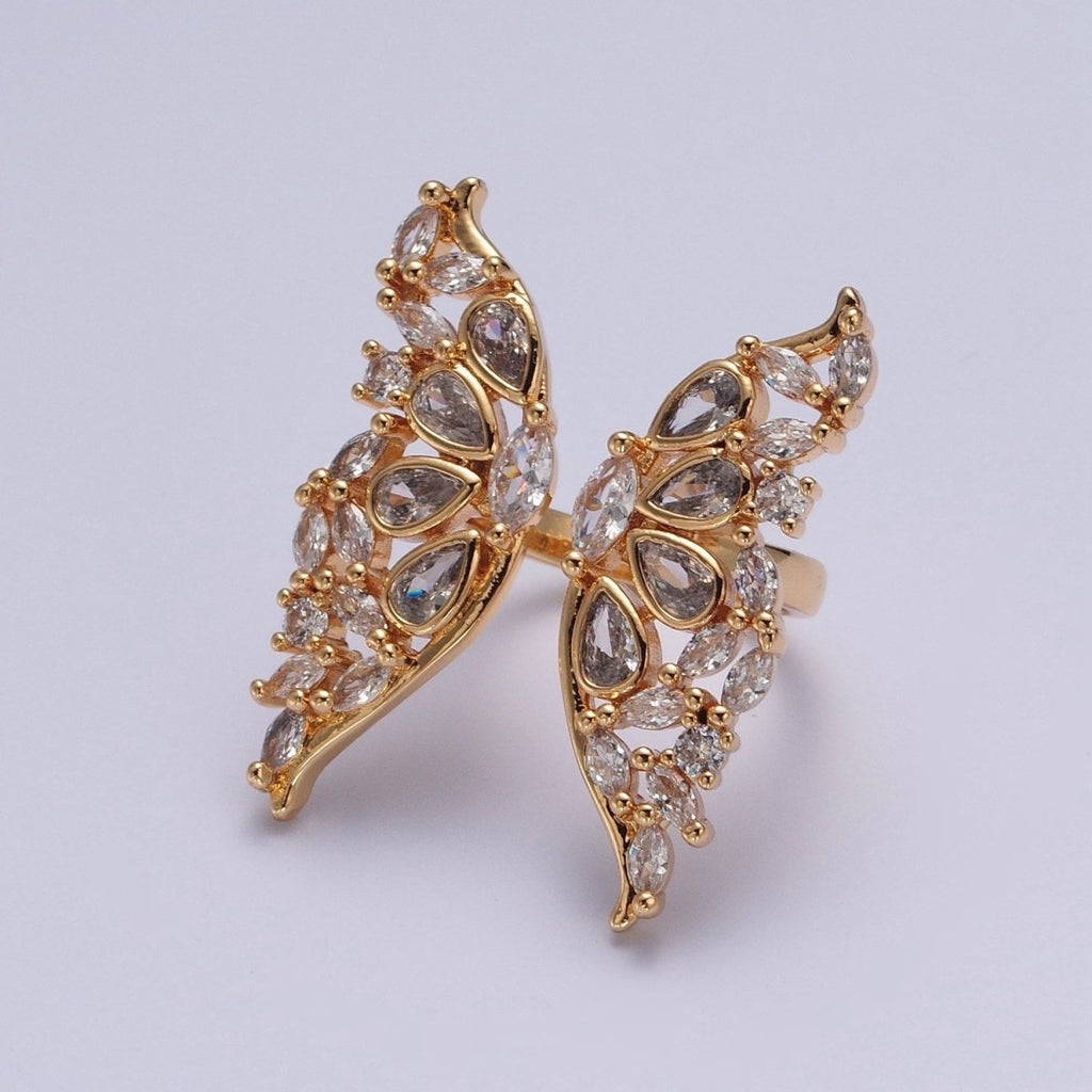 24K Gold plated Clear Cubic Zirconia Grand Gold Butterfly Mariposa Adjustable Statement Ring O-793 - DLUXCA