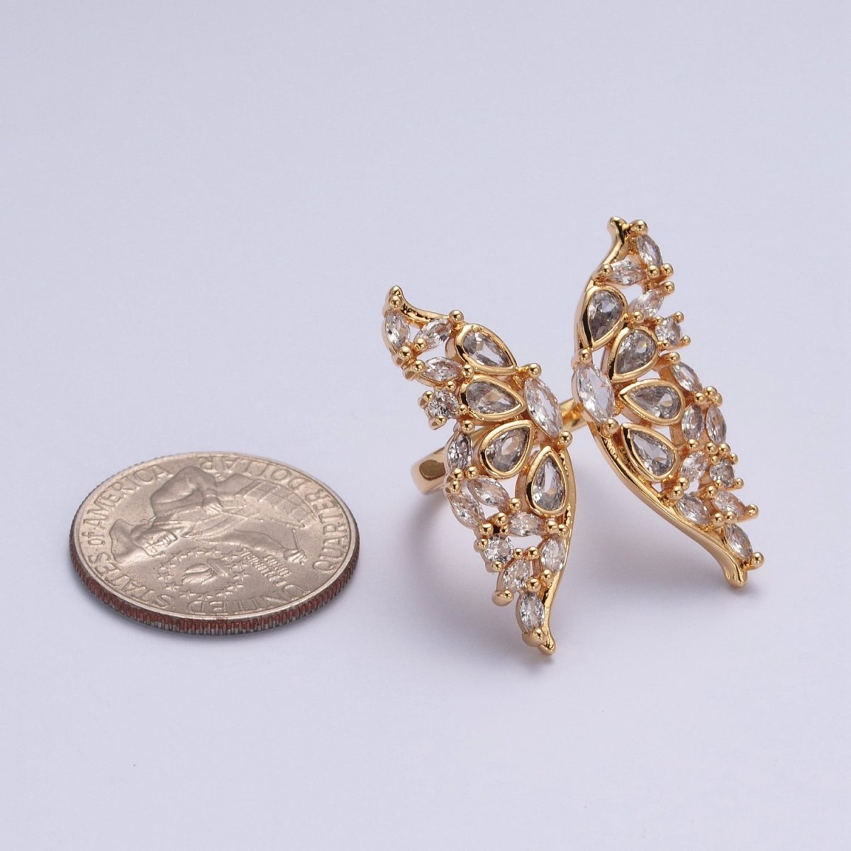 24K Gold plated Clear Cubic Zirconia Grand Gold Butterfly Mariposa Adjustable Statement Ring O-793 - DLUXCA