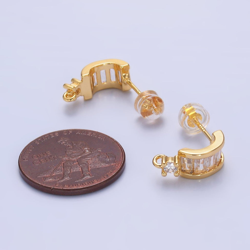 24K Gold plated Clear CZ Baguette C - Shaped Loop Hoop Findings | Z1065 - DLUXCA