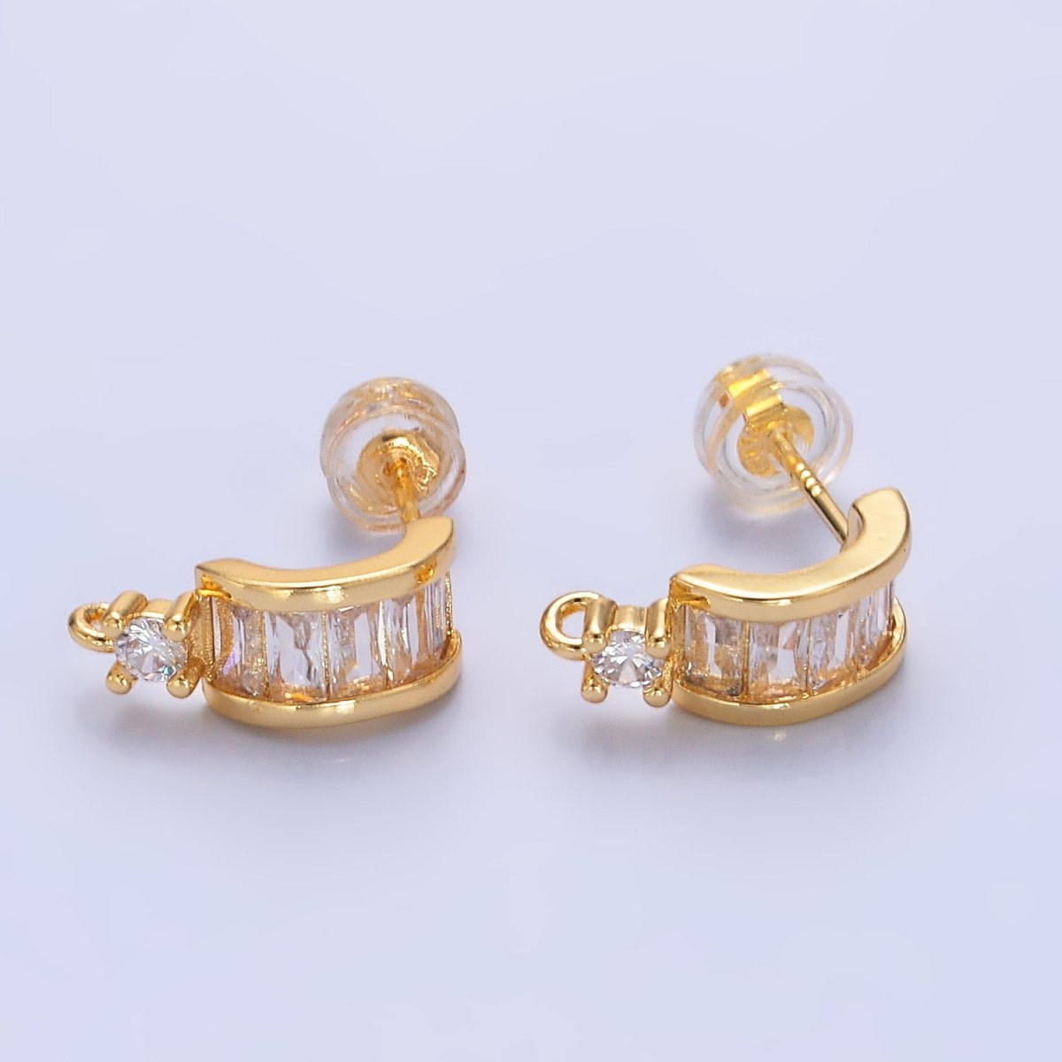 24K Gold plated Clear CZ Baguette C - Shaped Loop Hoop Findings | Z1065 - DLUXCA