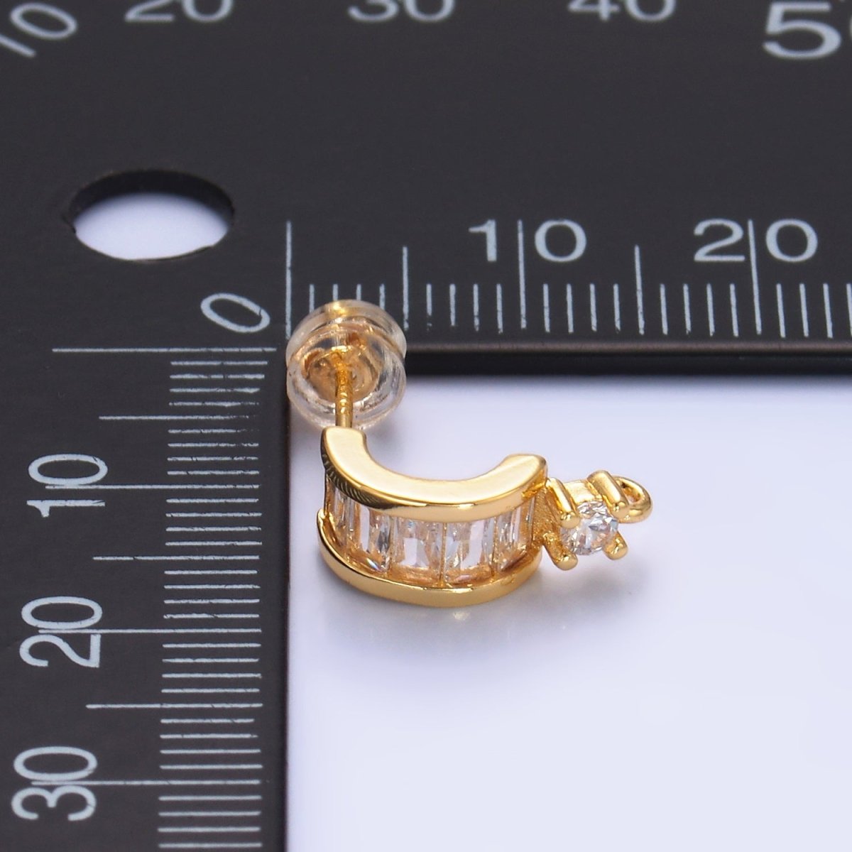 24K Gold plated Clear CZ Baguette C - Shaped Loop Hoop Findings | Z1065 - DLUXCA