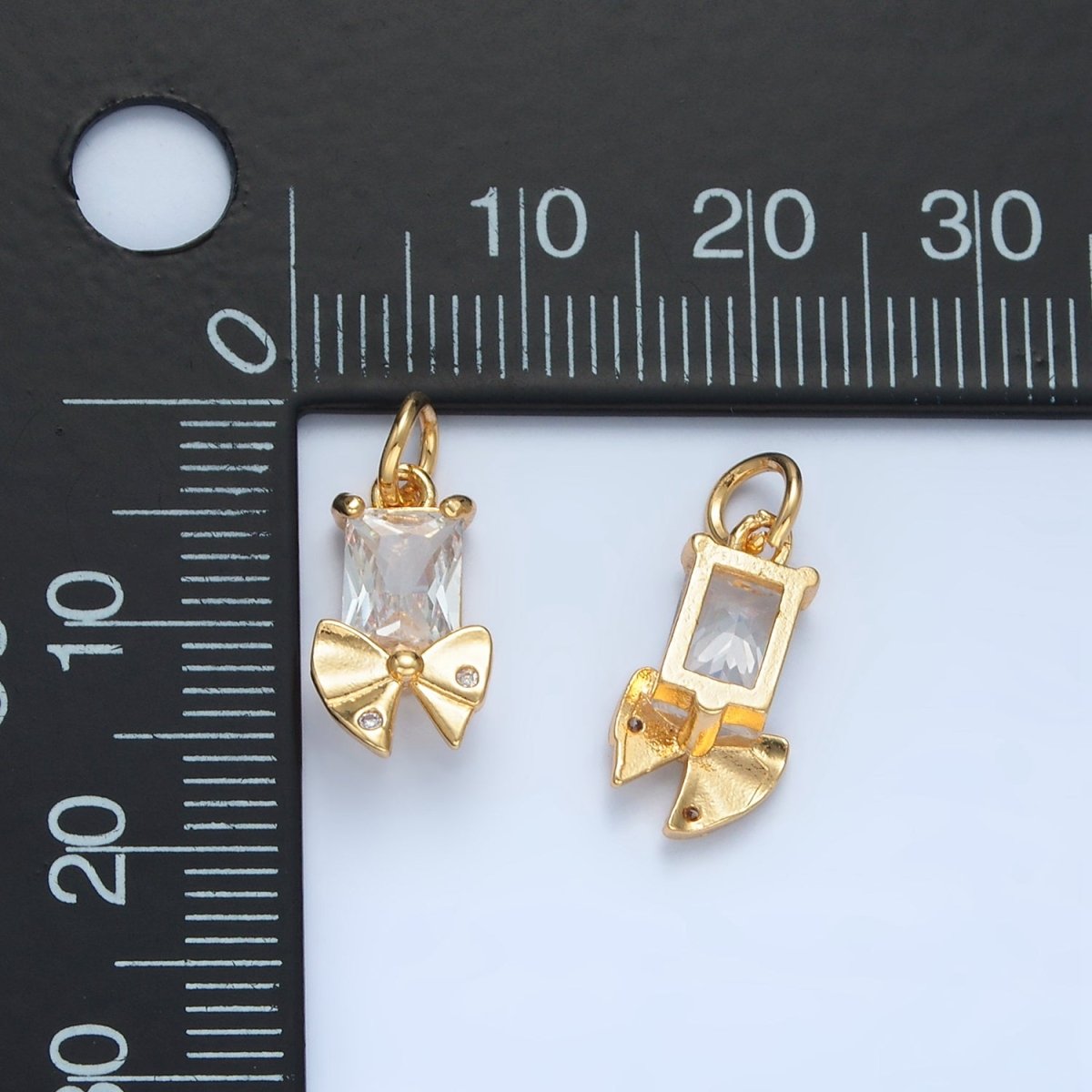 24K Gold plated Clear CZ Baguette Dotted Ribbon Bow Charm | X282 - DLUXCA
