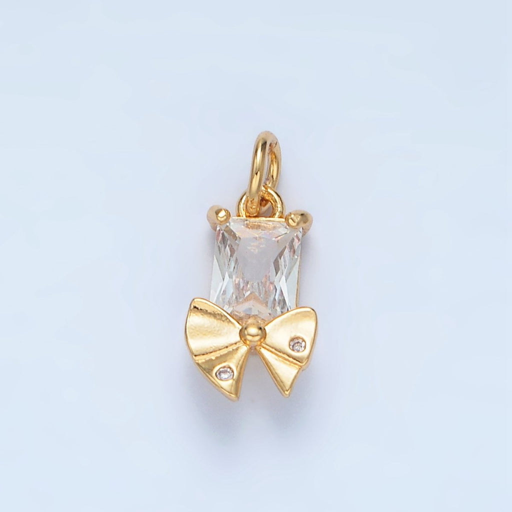 24K Gold plated Clear CZ Baguette Dotted Ribbon Bow Charm | X282 - DLUXCA