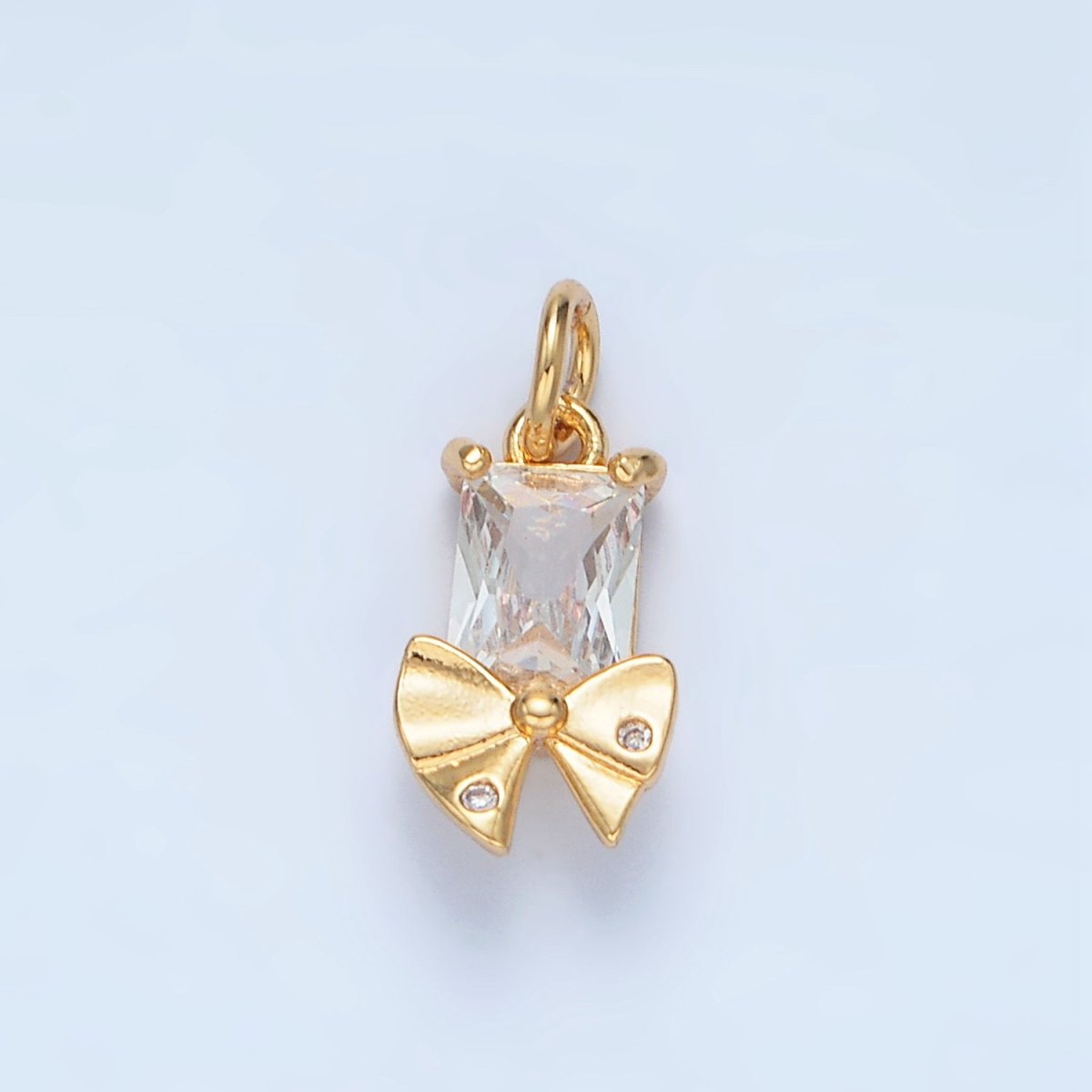 24K Gold plated Clear CZ Baguette Dotted Ribbon Bow Charm | X282 - DLUXCA