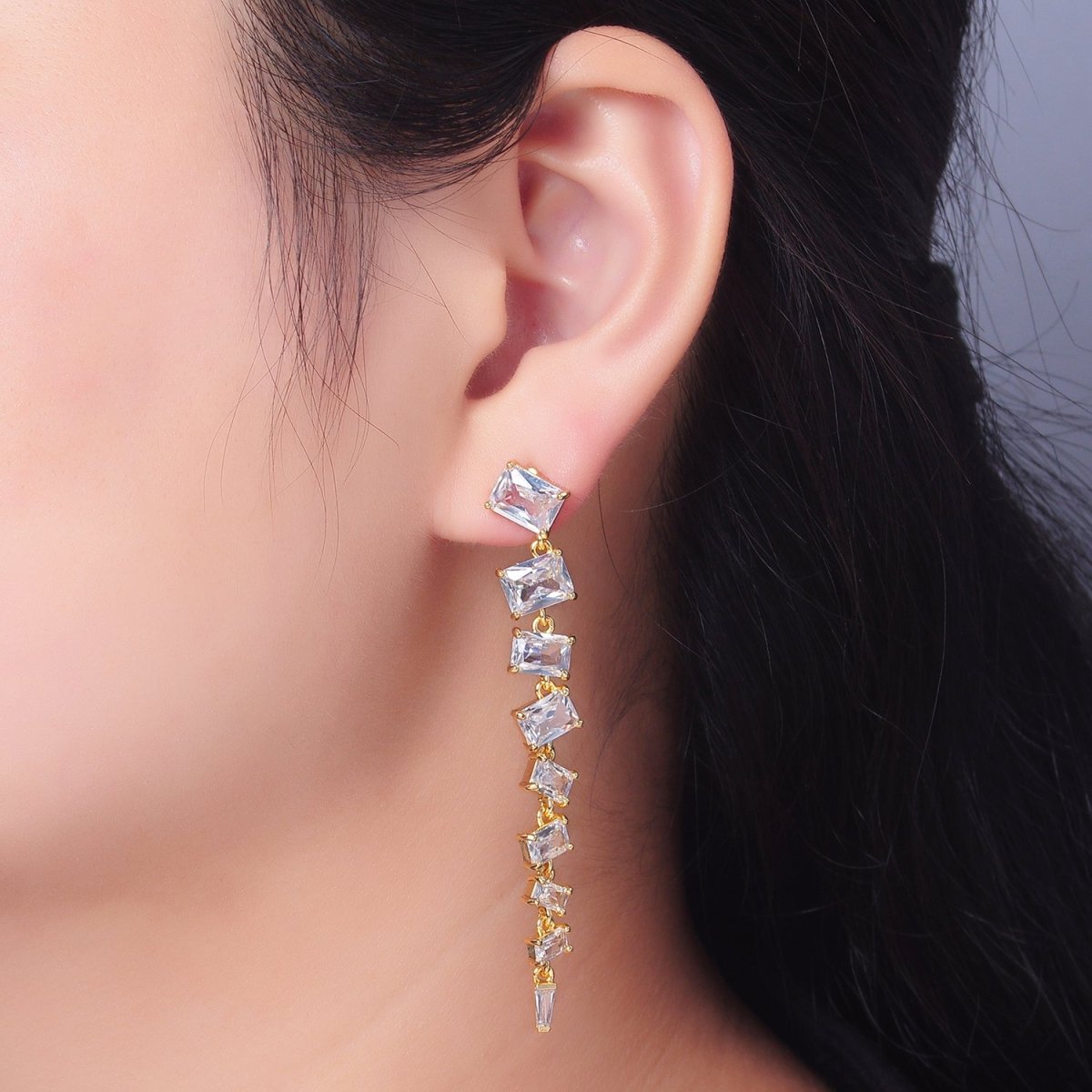 24K Gold plated Clear CZ Baguette Drop Stud Earrings | V135 - DLUXCA