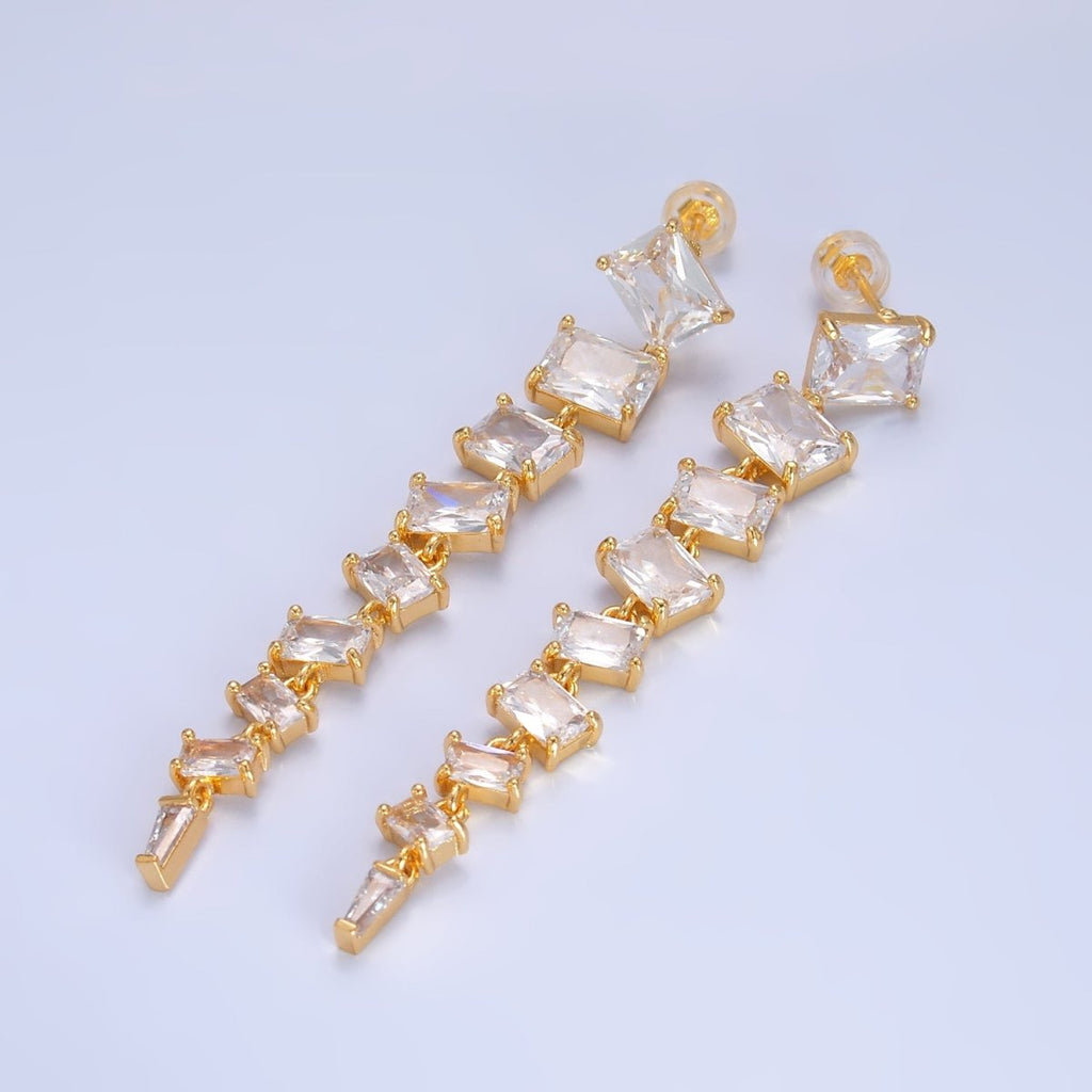 24K Gold plated Clear CZ Baguette Drop Stud Earrings | V135 - DLUXCA