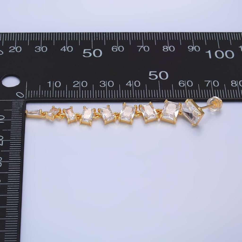 24K Gold plated Clear CZ Baguette Drop Stud Earrings | V135 - DLUXCA