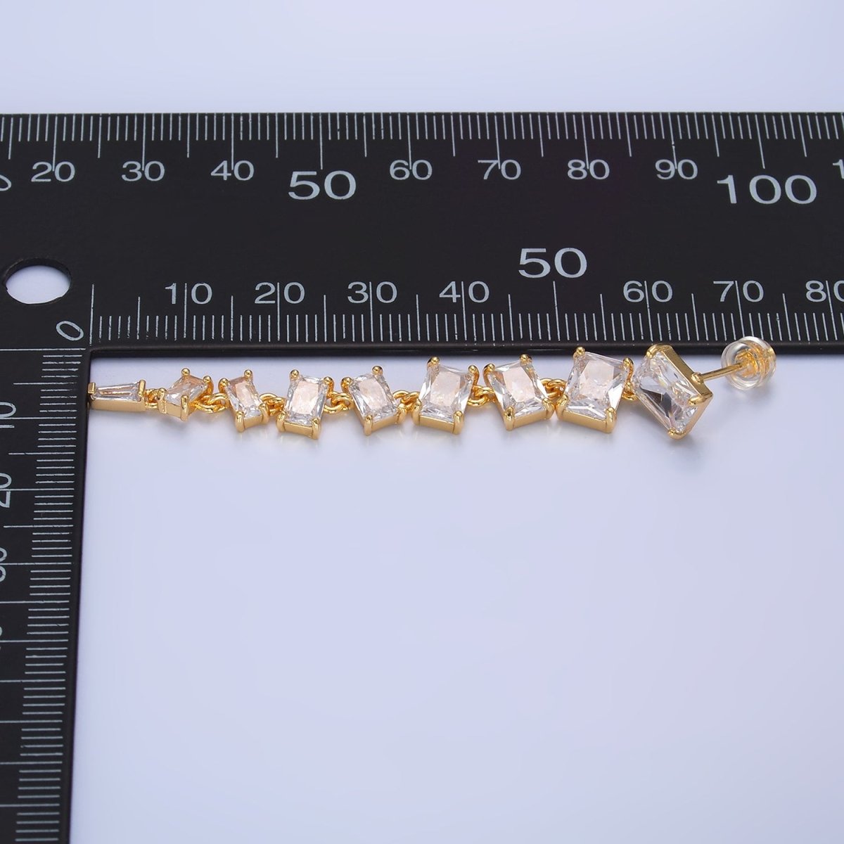 24K Gold plated Clear CZ Baguette Drop Stud Earrings | V135 - DLUXCA